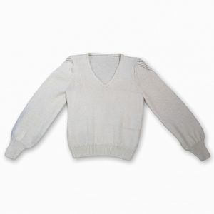 Vintage Off White Cream Knit Puff Sleeve V-Neck Sweater Sweatshirt Top